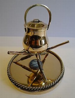 Antique English Bronze Inkwell - Cauldron, Crossed Pens & Wedgwood Plaque c.1860