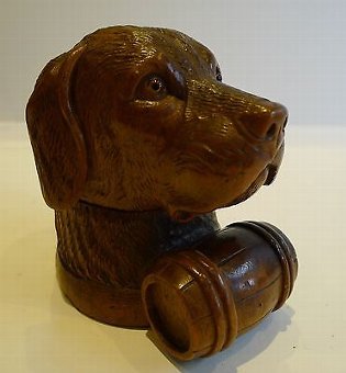Antique Black Forest Figural (Dog) Inkwell With Whisky Barrel c.1890