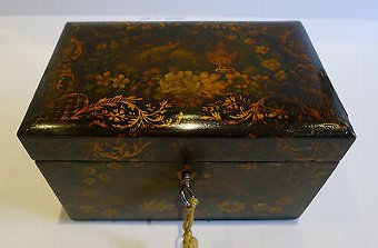 Antique English Painted Papier Mache Tea Caddy c.1850