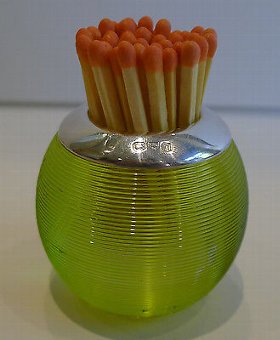 Small Antique English Green Threaded Glass & Sterling Silver Match Strike