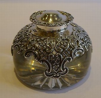 English Glass & Sterling Silver Inkwell by William Comyns - 1895
