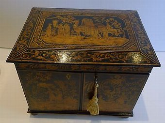 Antique English Chinoiserie Penwork Jewelry Cabinet c.1790