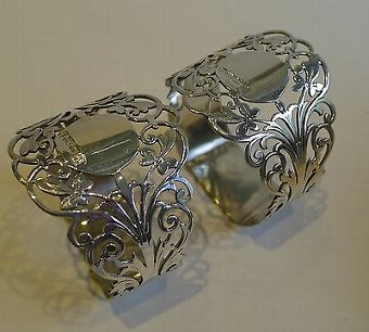 Stunning Pair Antique English Sterling Silver Napkin Rings - 1911