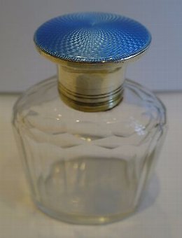 Sterling Silver & Blue Guilloche Enamel Lidded Cologne Bottle - 1929