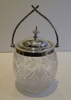 Antique English Cut Crystal & Silver Plated Biscuit Box / Barrel c.1890