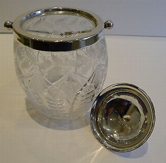Antique Antique English Cut Crystal & Silver Plated Biscuit Box / Barrel c.1890