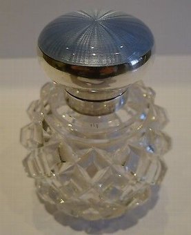 Antique English Cut Crystal, Sterling Silver & Guilloche Enamel Perfume Bottle