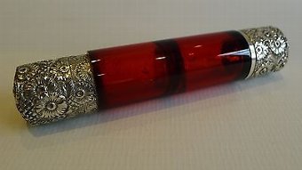 Antique English Double Ended Ruby Red Perfume Bottle - Victorian Sterling Silver