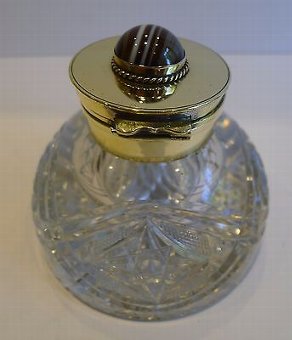 Mammoth Antique English Partners Desk Inkwell With Agate Mount c.1860