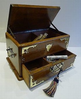Antique English Brass Mounted Oak Automated Cigar Box / Humidor - 1890