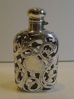 Unusual Antique Sterling Silver Overlaid Hip / Liquor Flask c.1900
