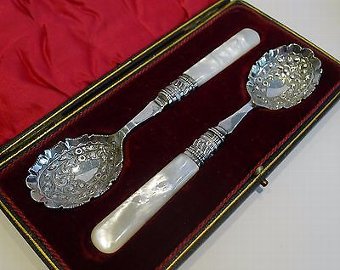 Antique English Silver Plate & Mother of Pearl Jam or Preserve Spoons c.1890