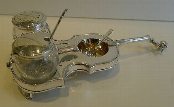 Rare Antique English Novelty Cruet Set - Violin / Musical - 1894