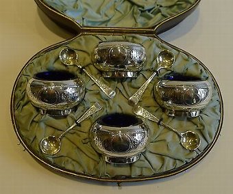 Boxed Set Antique English Sterling Silver Open Salts & Spoons - 1881