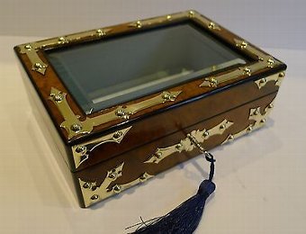 Brass Mounted Burl Walnut Jewelry Box c.1860 - Glazed Lid
