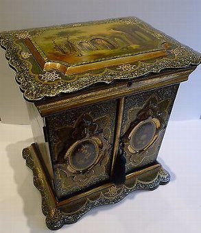 Grand Large Antique English Papier Mache Table Cabinet / Writing Box c.1860