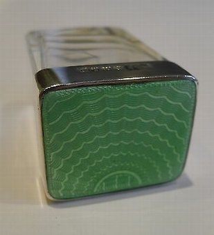 Small English Sterling Silver & Green Guilloche Enamel Pot