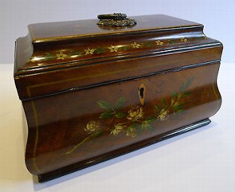 Antique English Tea Caddy - Floral Painted Mahogany c.1820
