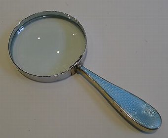 Antique English Sterling Silver Handled Magnifying Glass With Guilloche Enamel