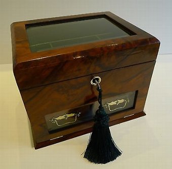 Antique English Walnut & Glass Jewelry Box c.1890
