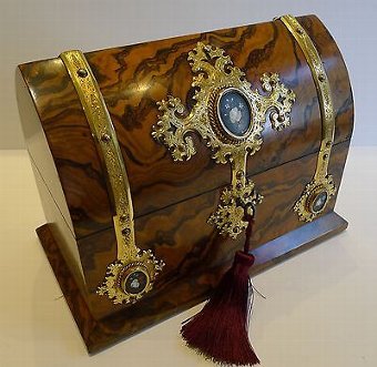 Burr Walnut Stationery Box, Fine Engraved Gilded Mounts With Pietra Dura