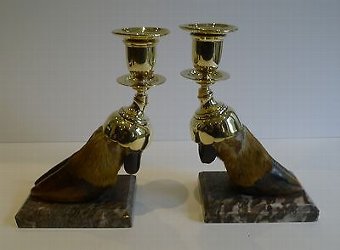 English Victorian Taxidermy Hoof & Brass Candlesticks c.1880