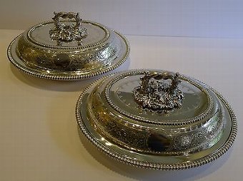 Top Quality Pair Antique English Silver Plate Entree Dishes c.1850