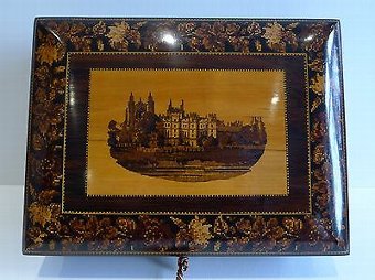 Small Antique Tunbridge Ware Writing Box - Rare Scene - Eton College, c.1860