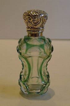 Antique English Green Overlay Glass Perfume Bottle - Sterling Silver c.1890
