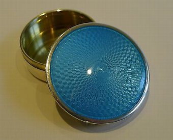 Stunning English Sterling Silver & Blue Guilloche Enamel Pill Box