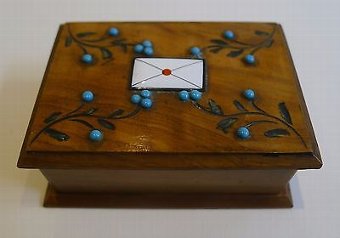Antique Olivewood Stamp Box - Turquoise Beads and Enamel Letter c.1900