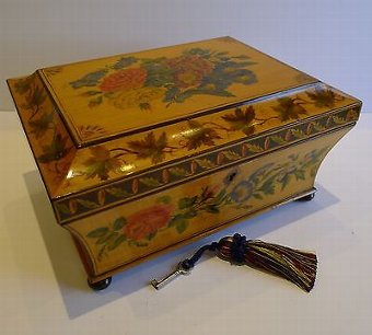 Rare Antique English Painted Sycamore Jewelry Box - Hand Painted Flowers, c.1815