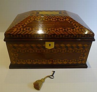 Magnificent Large Antique English Rosewood & Parquetry Jewelry / Sewing Box