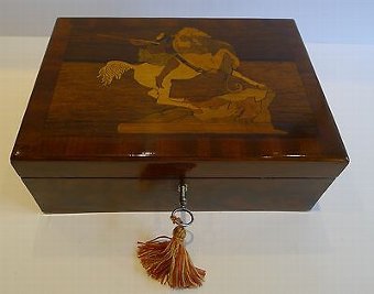 Unusual Antique English Inlaid Table / Desk Box - American Indian & Lion c.1880