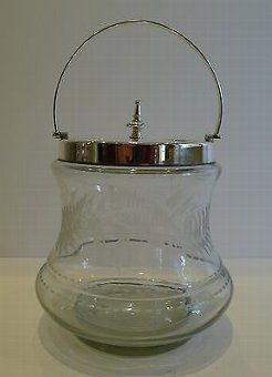 Antique English Fern Engraved Glass & Silver Plate Biscuit Barrel c.1890