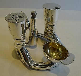 Antique English Novelty Silverplate Cruet Set - Horseshoe / Jockey by Elkington