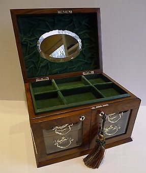 Large Antique English Walnut Jewelry Box / Cabinet - Bevelled Glass Doors c.1890