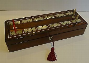 Antique English William IV Mother of Pearl Inlaid Rosewood Cribbage / Card Box