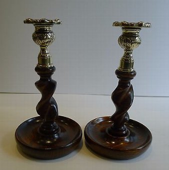Handsome Pair Solid Oak Barley Twist Candlesticks - Brass Thistle Tops