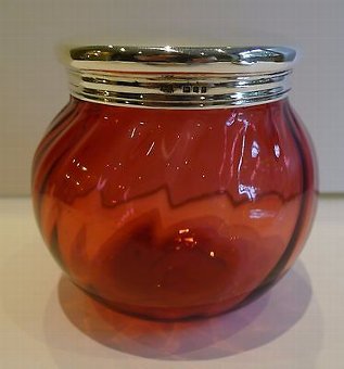 Large Cranberry / Red Vanity or Powder Bowl - English Sterling Silver Lid - 1919