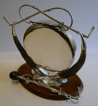Antique English Equestrian Oak & Silverplate Dinner Gong c.1890/1900