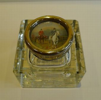 Large Antique, English Cut Crystal Inkwell - Hunt Scene Top c. 1910