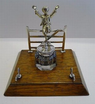Charming Antique English Figural Inkwell / Inkstand c.1890 - Child Over Gate