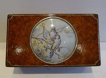 Unusual Antique Amboyna Trinket Box With Watercolor Under Glass c.1900