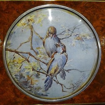Antique Unusual Antique Amboyna Trinket Box With Watercolor Under Glass c.1900