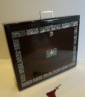 Rare English William IV Mother of Pearl Inlaid Rosewood Writing Box c.1830