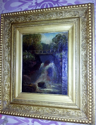 Victorian Lakeland waterfall scene, in oil on canvas