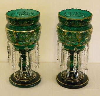PAIR OF ANTIQUE VICTORIAN GREEN MANTLE LUSTRES