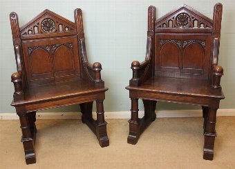 Pair Antique Victorian Gothic Arm Chairs