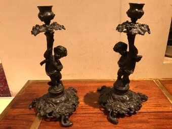 Bronze Cherubs candlesticks Victorian
